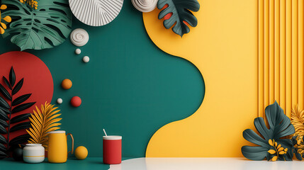 Poster - Bold abstract design featuring vibrant colors and tropical leaves, creating lively and modern atmosphere. Perfect for interior decor inspiration or artistic backgrounds