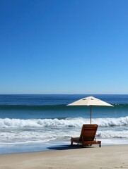 Poster - Calm beach view with lounge chair and umbrella under clear blue sky and gentle ocean waves. Generative AI