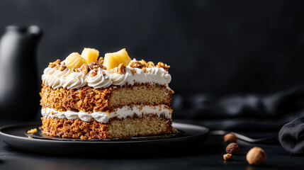 Aufkleber - Delicious pineapple cake with creamy frosting and nuts, beautifully presented on dark plate. warm light enhances its inviting appearance, perfect for celebrations