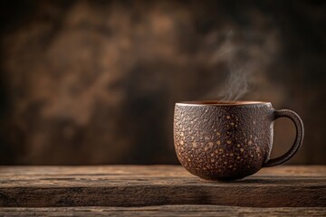 Aufkleber - Warm coffee cup on rustic wooden table with steam rising in cozy atmosphere. Generative AI