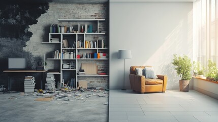 Leinwandbilder - Cluttered workspace contrasted with a serene, organized living area showcasing the impact of cleanliness and order. Generative AI