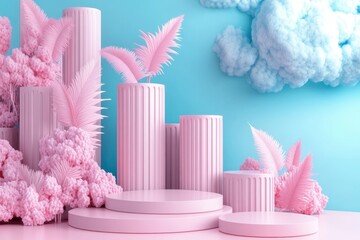 Poster - A vibrant display of pink pillars and fluffy clouds against a blue backdrop, creating a whimsical and dreamy atmosphere.