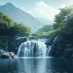 Aufkleber - Majestic waterfall cascading into serene lake surrounded by lush green mountains on a sunny day. Generative AI