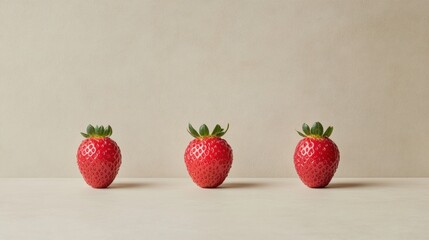 Wall Mural - Three Fresh Red Strawberries with Green Leaves Arranged on a Simple Light Textured Background