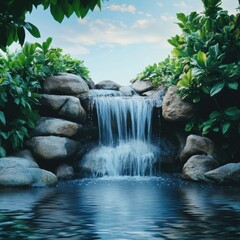 Aufkleber - Serene waterfall cascading over rocks surrounded by lush greenery in a tranquil natural setting. Generative AI