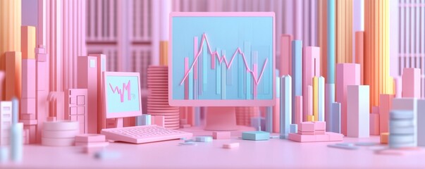 Poster - A colorful, stylized depiction of a modern workspace featuring a computer, graphs, and abstract cityscape elements in pastel shades.