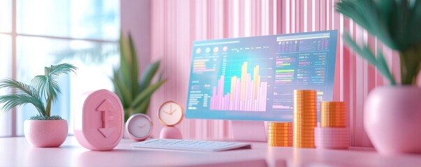 Poster - A modern workspace with a pink aesthetic, featuring a computer displaying data charts, potted plants, a clock, and golden coins.