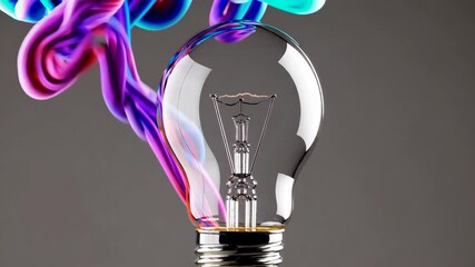 Aufkleber - Light bulb with colorful abstract smoke on gray background, creativity and innovation concept