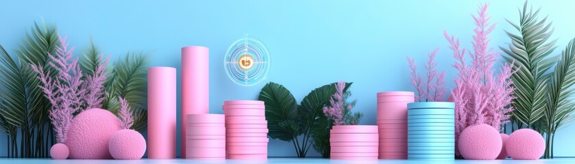 Poster - A vibrant arrangement of pastel-colored cylindrical containers with decorative plants against a soft blue background.
