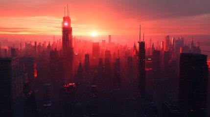 Wall Mural - Crimson Metropolis: A Futuristic Cityscape at Sunrise