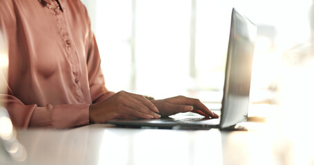Poster - Business, office and hands of woman at laptop for contact, email and networking. Person, computer and typing in workplace for planning, communication and update schedule in program with connectivity
