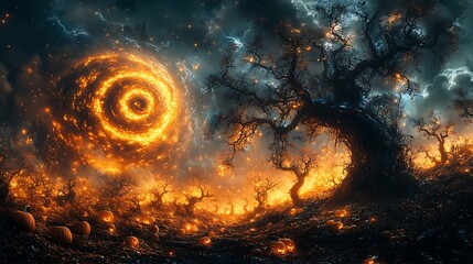 a pumpkin patch with vines that twist into intricate swirling patterns under a mystical glow
