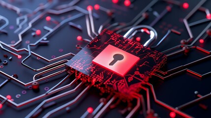 Poster - A high-tech network security system with real-time threat detection, encrypted firewalls, and holographic authentication keys securing global data transfer.