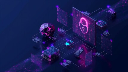 Poster - A high-tech network security system with real-time threat detection, encrypted firewalls, and holographic authentication keys securing global data transfer.