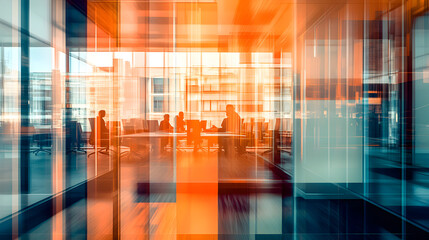 Wall Mural - Long exposure shot. A dynamic office with blurred movement and activity, promoting collaboration in a modern workspace