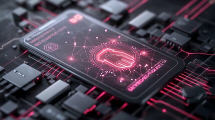 Poster - A virtual reality interface showcasing secure data transmission between smart devices, with glowing encrypted pathways and biometric security scans.