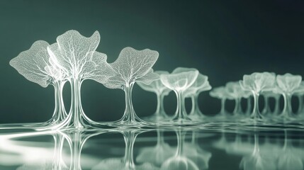 Aufkleber - Glowing reflections in a glass forest with abstract tree shapes at twilight. Generative AI