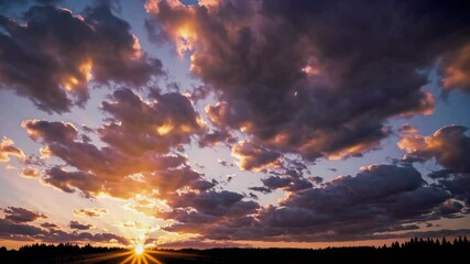Poster - Sunset over landscape with dramatic clouds and sun rays, tranquil nature scene. Evening serenity and natural beauty concept