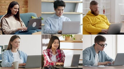 Poster - A group of six people, each focused on their laptops, seated in a contemporary workspace. They exhibit a range of styles and expressions, reflecting a collaborative atmosphere.