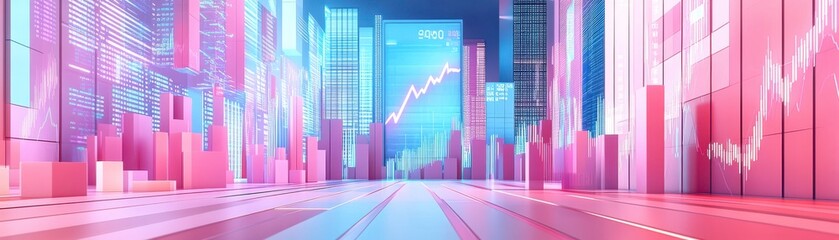 Poster - A vibrant futuristic cityscape featuring tall buildings and a dynamic upward trend graph, illuminated in pink and blue hues.