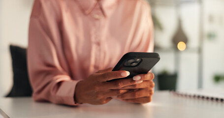 Aufkleber - Business, office and hands of woman with phone for contact, email and networking. Person, mobile and typing in workplace for text message, communication and update schedule in app with connectivity