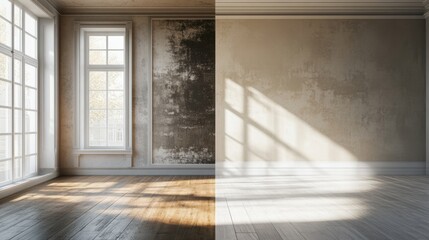 Leinwandbilder - Split view of dark, old room contrasting with bright, modern renovated interior design transformation. Generative AI