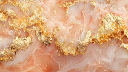 Poster - Close up of pink and gold marble texture with celestial swirl pattern in soft blue tones