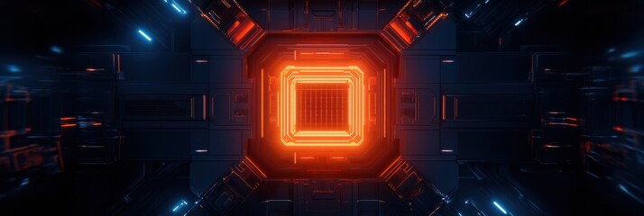 Fototapete - Microchip technology showcased within futuristic digital environment featuring glowing orange lights. Generative AI