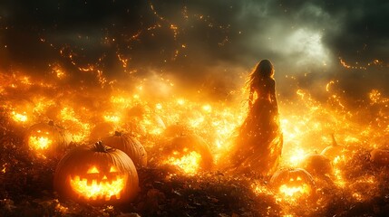 a surreal pumpkin patch with vines extending like golden ribbons across a glowing field