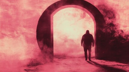 Wall Mural - a lone figure walks towards a bright light through a stone archway shrouded in pink mist. mysterious