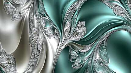 Poster - Computer generated image featuring a silver and teal green background with abstract floral elements and celestial design