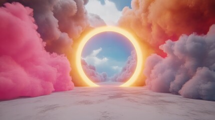 Wall Mural - Surreal landscape with a glowing circular portal framed by pastel clouds. Dreamlike and ethereal.