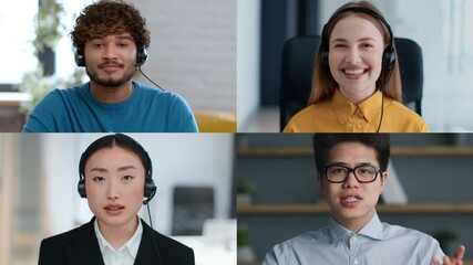 Poster - A virtual meeting takes place with four participants actively discussing ideas. Each person wears a headset and shows expressions of engagement in well-lit settings.