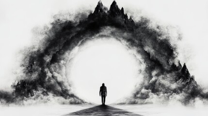 Wall Mural - a solitary figure walks toward a bright, circular opening framed by dark, swirling clouds and imposi
