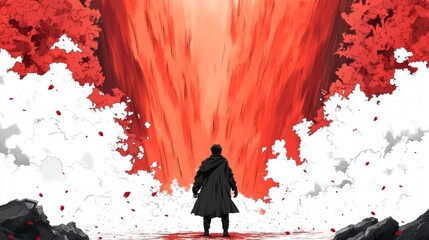 Wall Mural - a man stands before a fiery chasm, petals falling around him. a dramatic, intense image with a strik