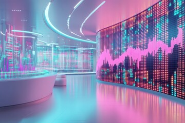 Poster - A futuristic trading room featuring vibrant digital displays with colorful stock market data and graphs.
