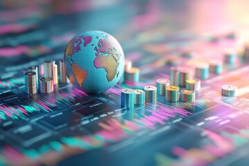Poster - A vibrant digital representation of a globe on financial graphs, symbolizing global economics and data trends in a colorful, modern design.