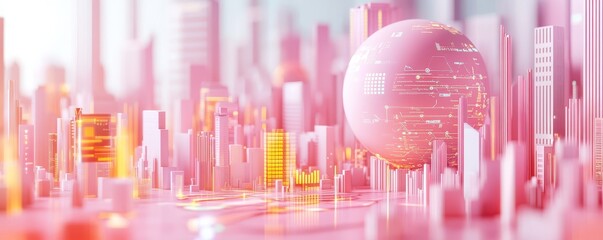 Poster - A futuristic cityscape featuring towering skyscrapers, a glowing orb, and a vibrant pink hue, suggesting advanced technology and digital innovation.