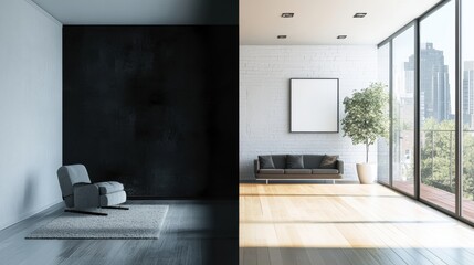 Leinwandbilder - Contrast between old dark interiors and bright modern renovated design in a split view room. Generative AI