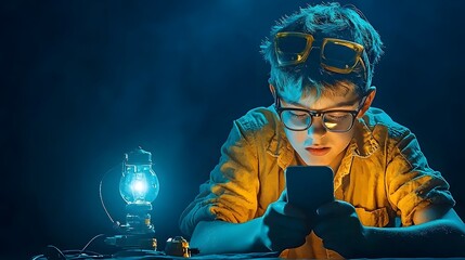 Poster - A person charging their mobile phone or other electronic device with a portable power bank in a dramatic moody and vibrant laboratory or scientific setting surrounded by glowing equipment energy