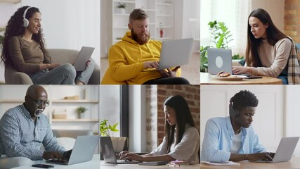 Poster - A group of six individuals from different backgrounds engages with laptops in various indoor environments, showcasing a blend of casual and focused activities throughout the day.