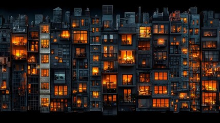 Poster - A stunning cityscape featuring a row of high rise buildings with some windows dark and others glowing with candlelight creating a captivating atmosphere in the urban metropolis at night