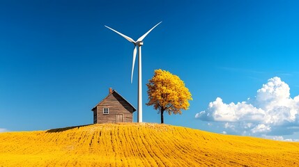 Aufkleber - Abandoned wind turbine standing still in a rural countryside landscape with an old wooden house an autumn tree and a clear blue sky with fluffy clouds  The scene depicts a peaceful serene