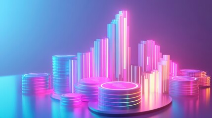 Poster - A vibrant 3D visualization of financial data, featuring illuminated bars and coins, representing growth and digital currency trends in a futuristic setting.