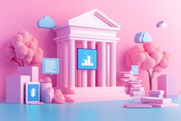 Poster - A whimsical, pink-themed 3D scene featuring a classical building, cloud elements, and digital screens displaying data graphics.