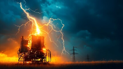 Poster - Dramatic scene of a powerful lightning strike hitting an electrical transformer causing a dramatic eruption of sparks electricity and an intense explosion of light and energy against a stormy