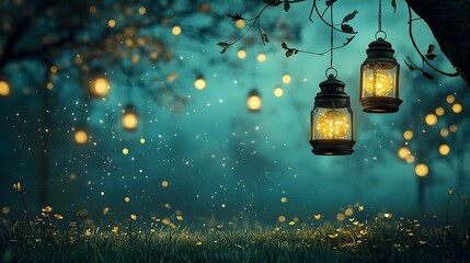 Poster - Enchanted forest scene with floating orbs of light sparkling fairy dust and a glowing ethereal atmosphere  A tranquil mystical landscape evoking a sense of wonder and fantasy