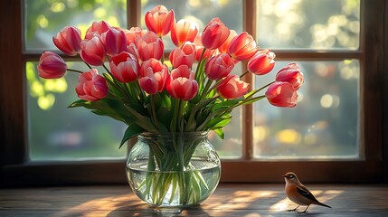 Wall Mural - A still life composition of tulips arranged in a glass vase with a small bird resting on the table beside it surrounded by soft natural light