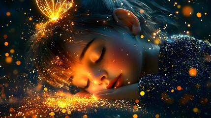 Poster - Enchanting image of a tiny ethereal fairy with shimmering wings delicately sprinkling golden glimmering stardust over a sleeping child evoking a sense of peaceful magical dreams