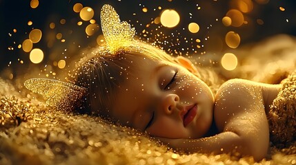 Poster - Ethereal fairy with shimmering wings gently sprinkling golden magical dust over a sleeping child creating a dreamlike fantasy scene of wonder and imagination